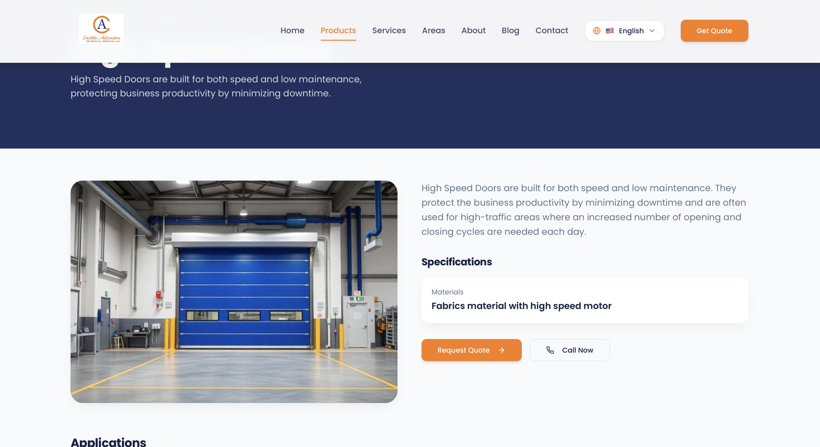 Product detail with specifications and a quote CTA.