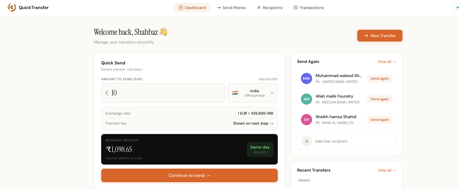 Dashboard — quick send, recipients, and recent transfers.