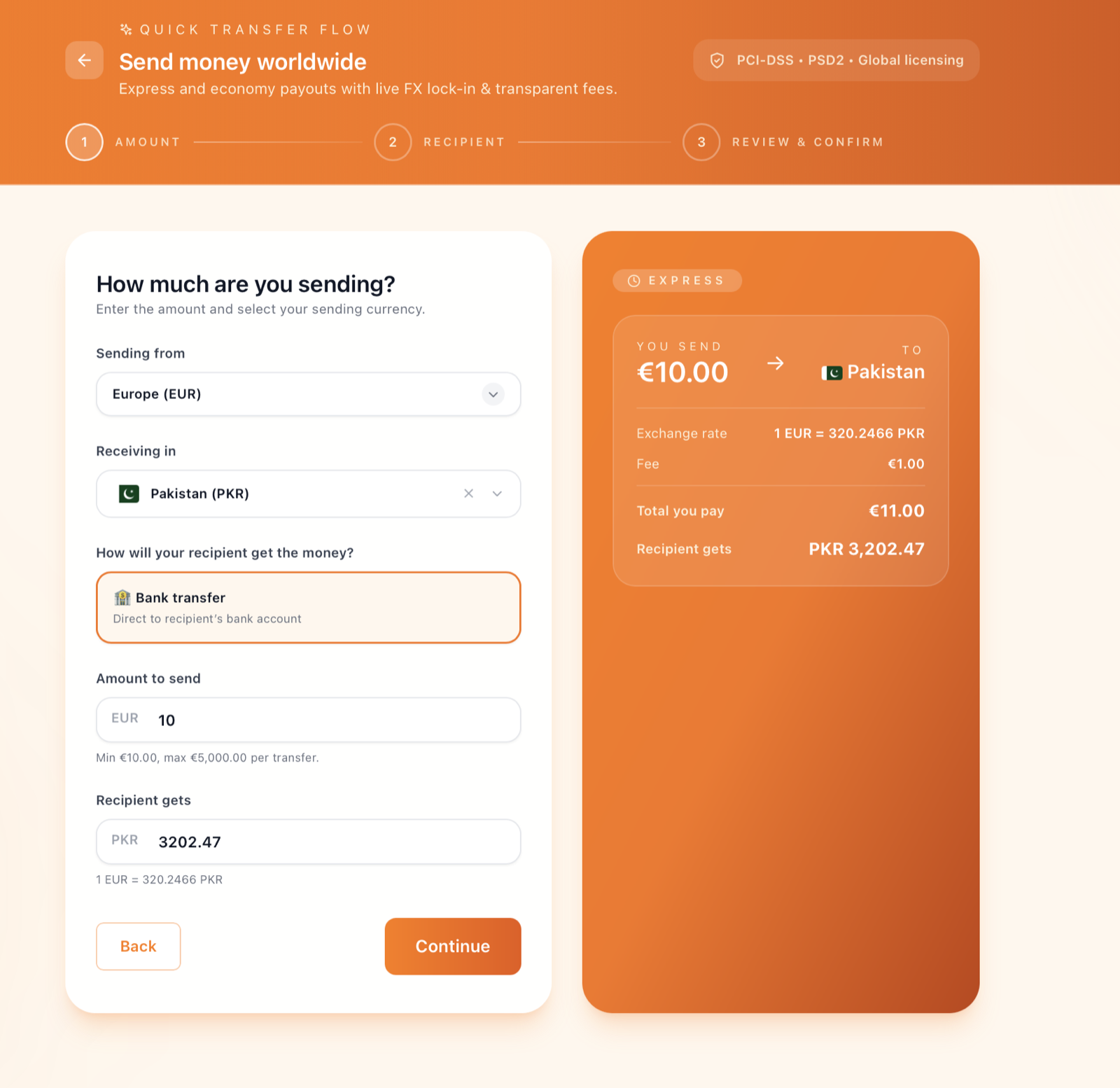Transfer flow — amount, recipient, and live summary.