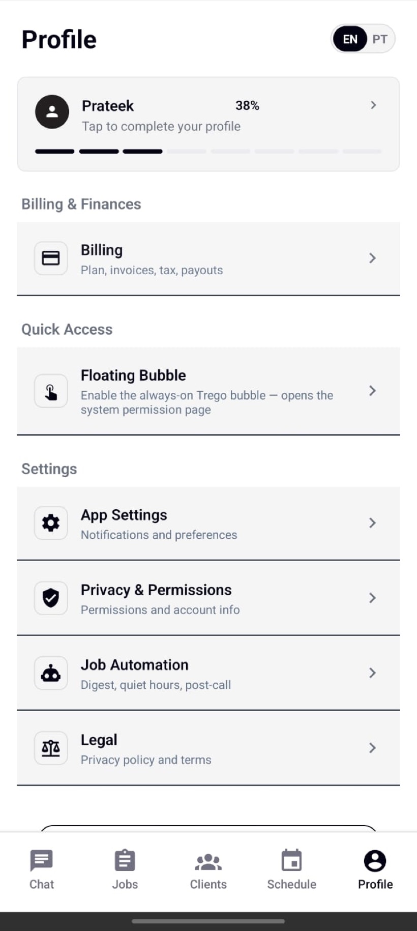 Profile — billing, settings, and job automation.